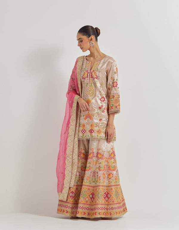 Tissue Sharara Set In Cross Stitch And Zardozi Embroidery Paired With Organza Silk Dupatta