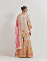 Tissue Sharara Set In Cross Stitch And Zardozi Embroidery Paired With Organza Silk Dupatta