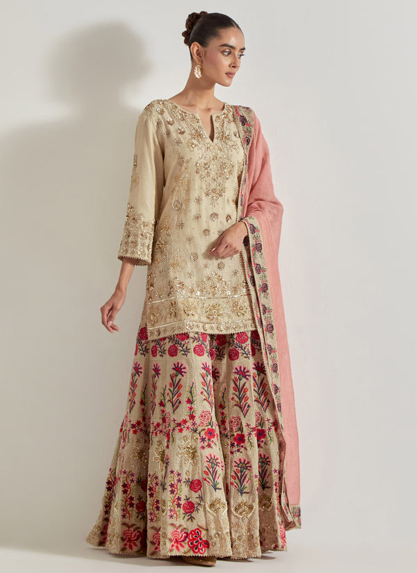 Sajawat Gold Sharara Set With Tissue Chanderi Peach Embroidered Dupatta