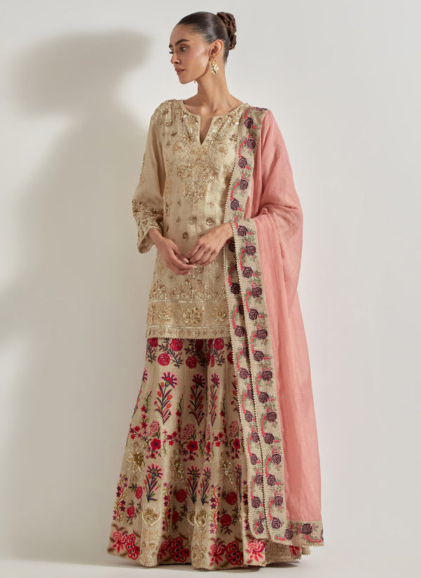Sajawat Gold Sharara Set With Tissue Chanderi Peach Embroidered Dupatta