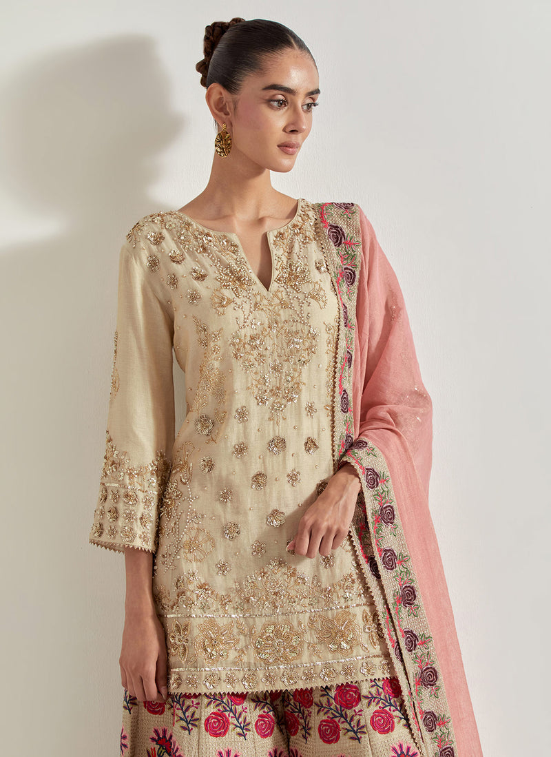 Sajawat Gold Sharara Set With Tissue Chanderi Peach Embroidered Dupatta