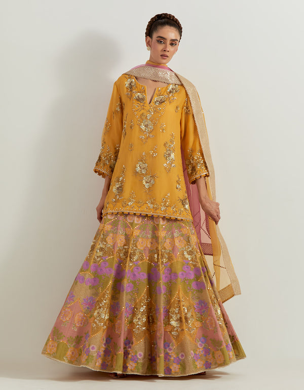 Yellow Organza Resham And Sequin Embroidered Sharara Set