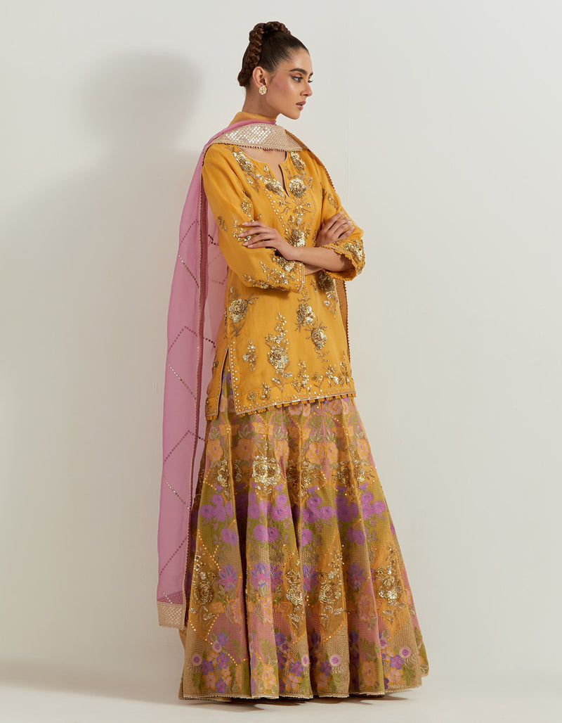 Yellow Organza Resham And Sequin Embroidered Sharara Set