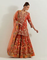 Rust Hand Embellished Kurti Paired With Floral Organza Sharara And Dupatta
