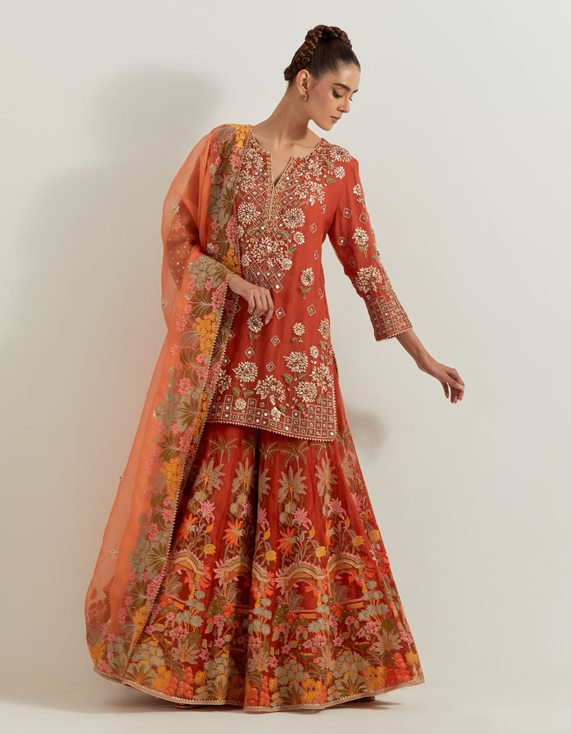 Rust Hand Embellished Kurti Paired With Floral Organza Sharara And Dupatta