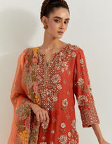 Rust Hand Embellished Kurti Paired With Floral Organza Sharara And Dupatta