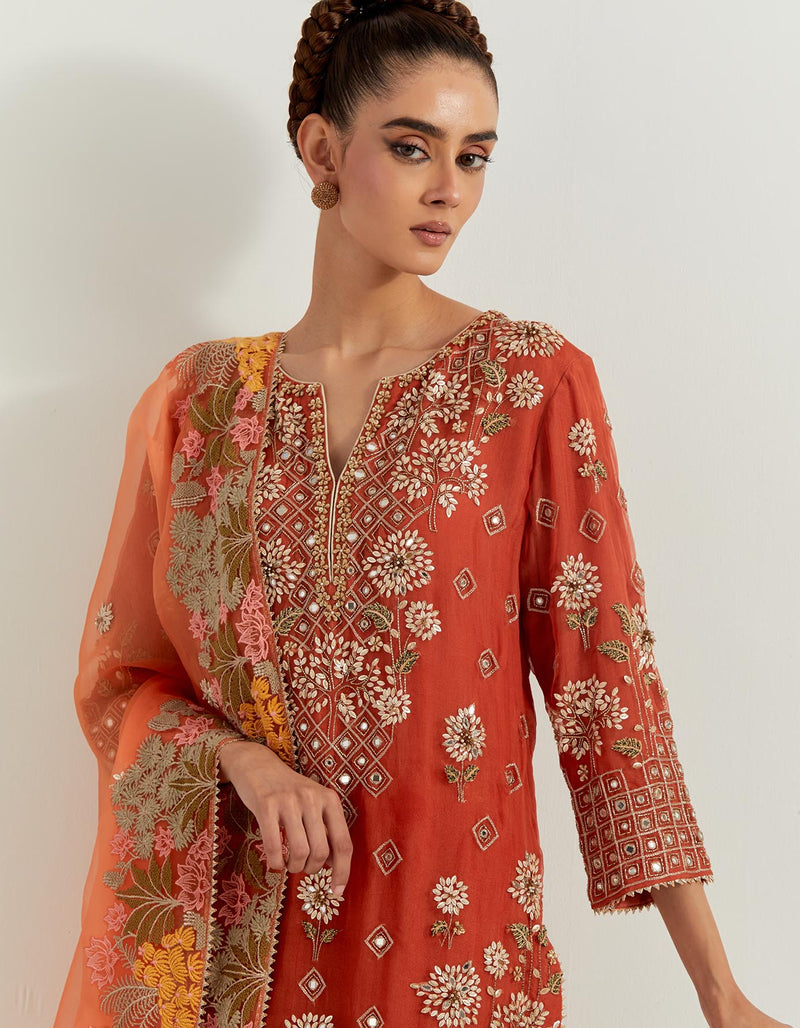 Rust Hand Embellished Kurti Paired With Floral Organza Sharara And Dupatta