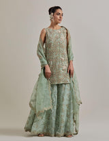 Sage Green Hand Embellsihed Tunic Paried With Organza Embroidered Sharara And Dupatta