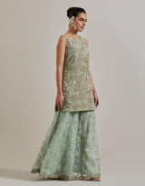 Sage Green Hand Embellsihed Tunic Paried With Organza Embroidered Sharara And Dupatta