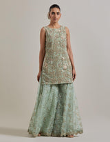 Sage Green Hand Embellsihed Tunic Paried With Organza Embroidered Sharara And Dupatta