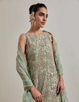 Sage Green Hand Embellsihed Tunic Paried With Organza Embroidered Sharara And Dupatta