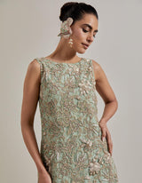 Sage Green Hand Embellsihed Tunic Paried With Organza Embroidered Sharara And Dupatta