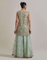 Sage Green Hand Embellsihed Tunic Paried With Organza Embroidered Sharara And Dupatta
