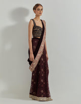 Rangrez Wine Mesh And Velour Pre-Stitched Saree Paired With Velvet Embellished Blouse