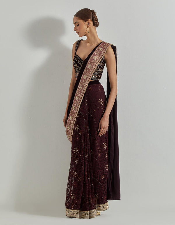 Rangrez Wine Mesh And Velour Pre-Stitched Saree Paired With Velvet Embellished Blouse