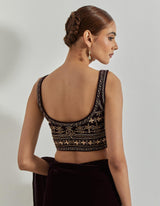 Rangrez Wine Mesh And Velour Pre-Stitched Saree Paired With Velvet Embellished Blouse