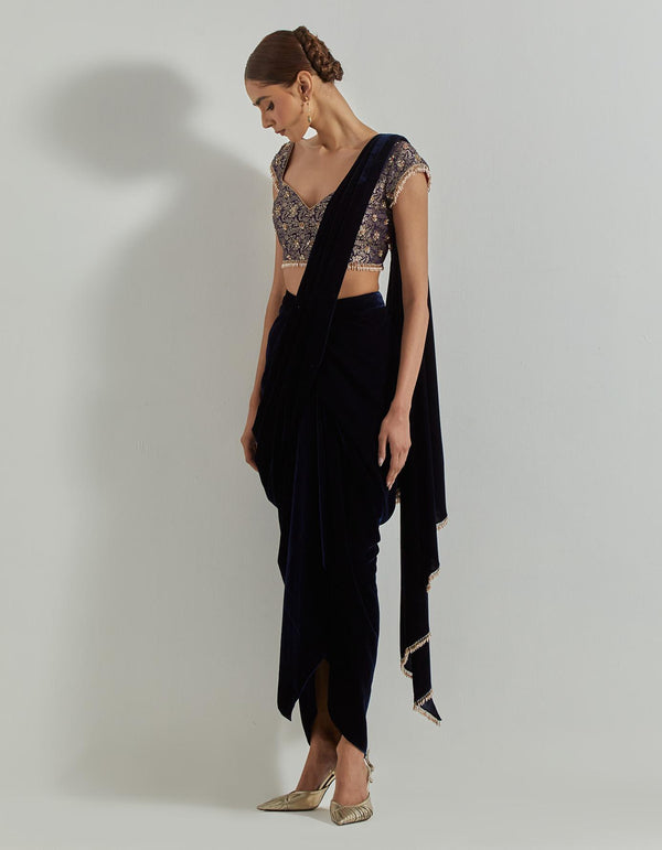 Rangrez Navy Drape Saree With Brocade Embellished Blouse