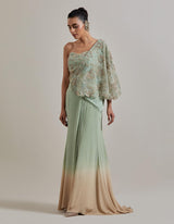 Sage Green And Pink Water Glimmer Drape Saree Set