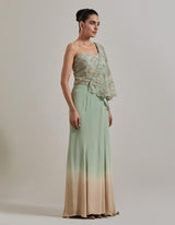 Sage Green And Pink Water Glimmer Drape Saree Set