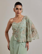 Sage Green And Pink Water Glimmer Drape Saree Set