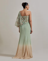 Sage Green And Pink Water Glimmer Drape Saree Set