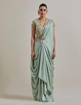 Sage Green Water Glimmer Drape Saree Set
