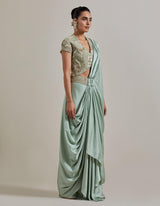 Sage Green Water Glimmer Drape Saree Set