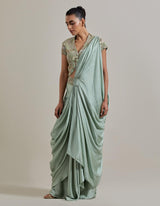 Sage Green Water Glimmer Drape Saree Set