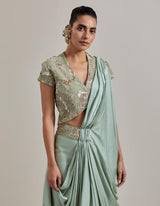 Sage Green Water Glimmer Drape Saree Set