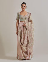 Sage Green And Pink Water Glimmer Drape Saree Set