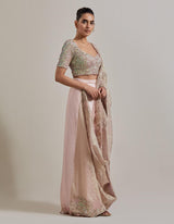 Sage Green And Pink Water Glimmer Drape Saree Set