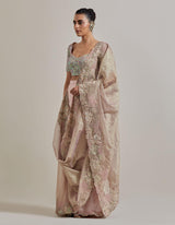 Sage Green And Pink Water Glimmer Drape Saree Set