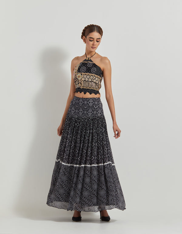 Black Patch Work Halter Top Paired With Bandhini Printed Skirt