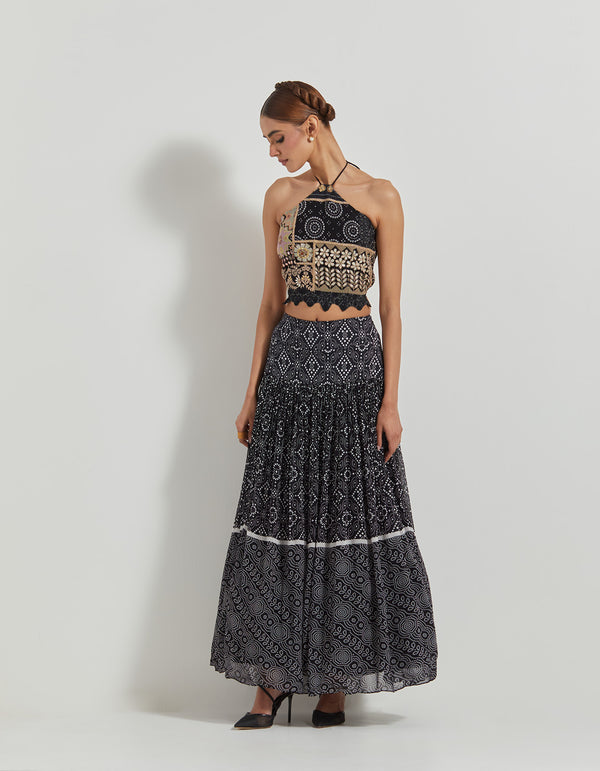 Black Patch Work Halter Top Paired With Bandhini Printed Skirt