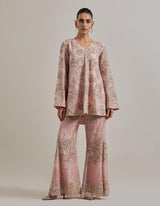 Pink Water Gilmmer Panelled Tunic Paired With Embellished Pants