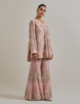 Pink Water Gilmmer Panelled Tunic Paired With Embellished Pants