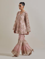 Pink Water Gilmmer Panelled Tunic Paired With Embellished Pants