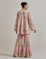 Pink Water Gilmmer Panelled Tunic Paired With Embellished Pants