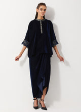 Navy Blue Velvet Baggy Top Paired With Drap Skirt