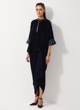 Navy Blue Velvet Baggy Top Paired With Drap Skirt