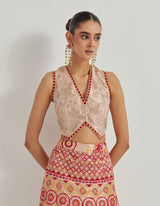 Tissue Waist Coat In Sequin Embroidery Paired With Tissue Cross Stitch And Gota Patti Skirt