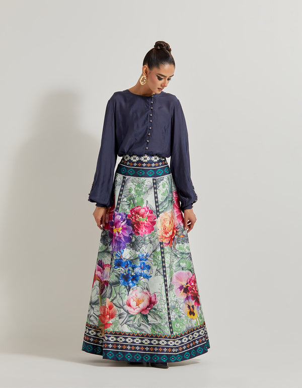 Foresta Tafta Panelled Skirt Paired With Modal Silk Shirt