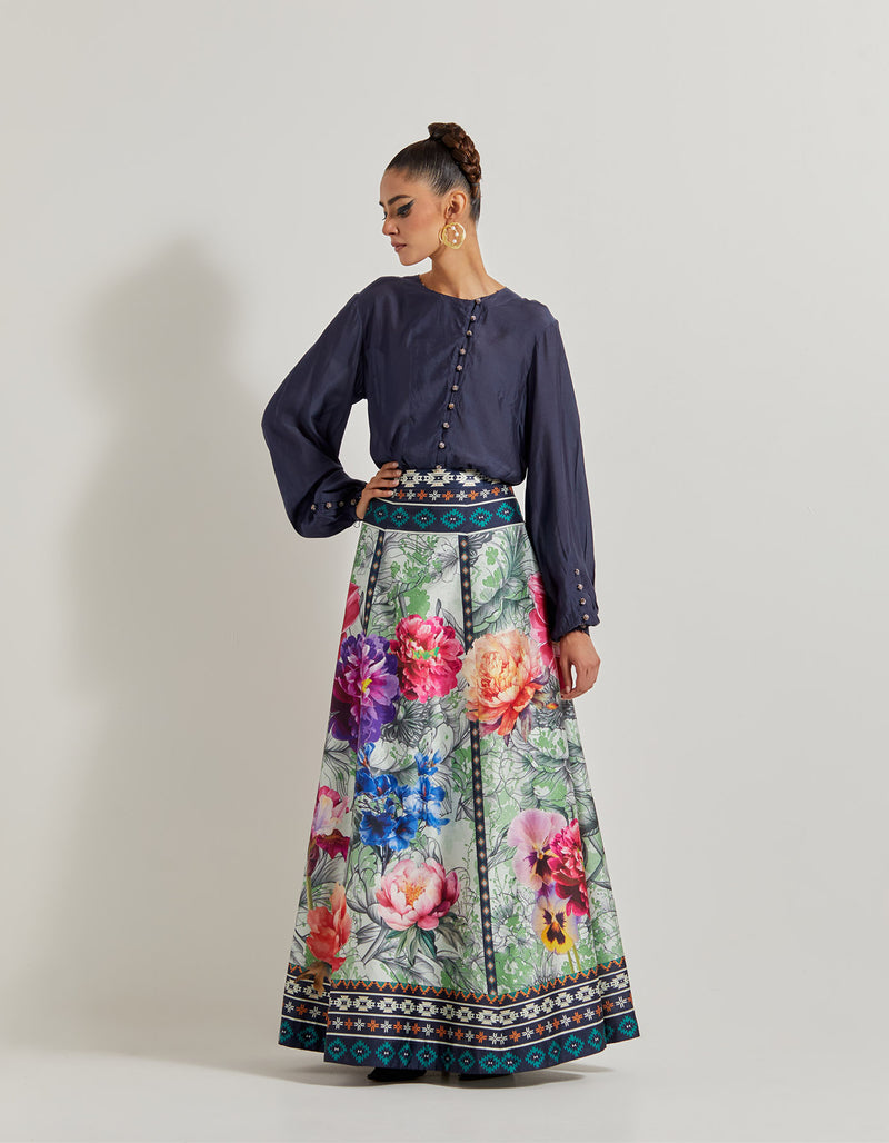 Foresta Tafta Panelled Skirt Paired With Modal Silk Shirt