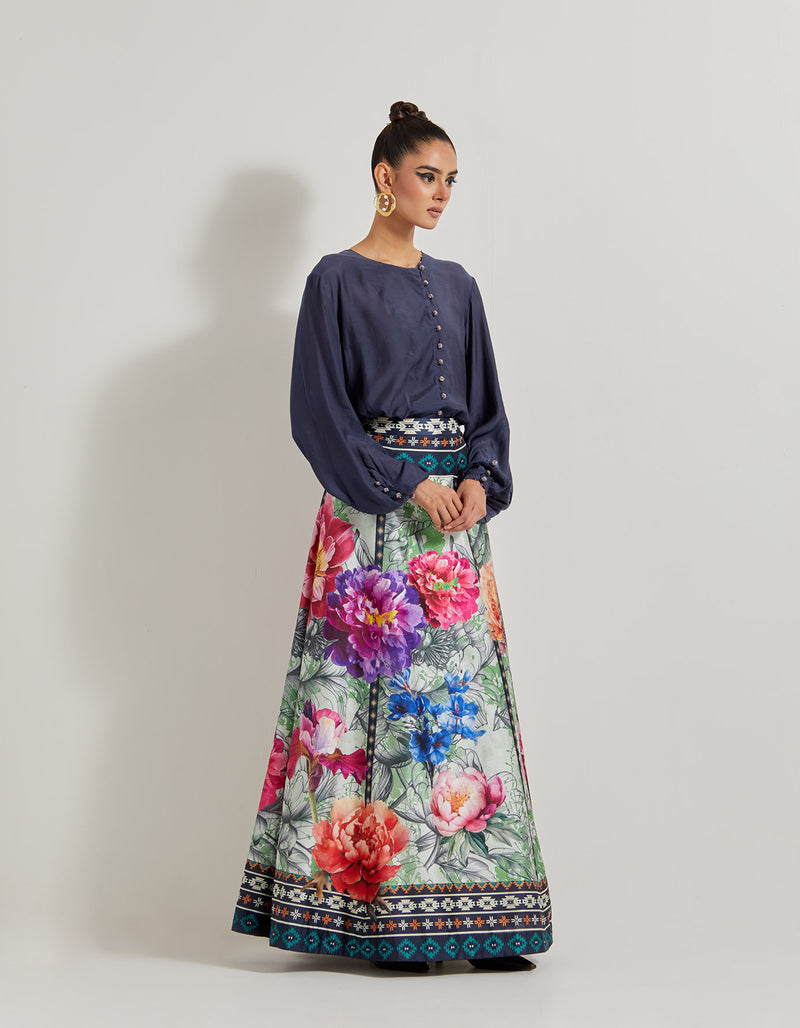 Foresta Tafta Panelled Skirt Paired With Modal Silk Shirt