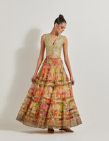 Hand Embellished Waist Coat Paired With Foresta Tissue Chanderi Printed Tb Skirt