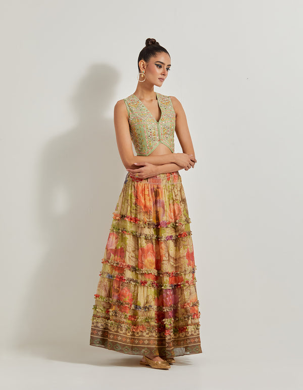 Hand Embellished Waist Coat Paired With Foresta Tissue Chanderi Printed Tb Skirt