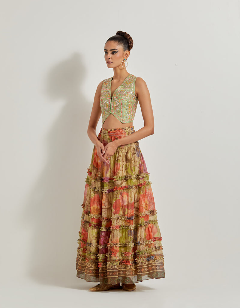 Hand Embellished Waist Coat Paired With Foresta Tissue Chanderi Printed Tb Skirt