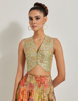 Hand Embellished Waist Coat Paired With Foresta Tissue Chanderi Printed Tb Skirt