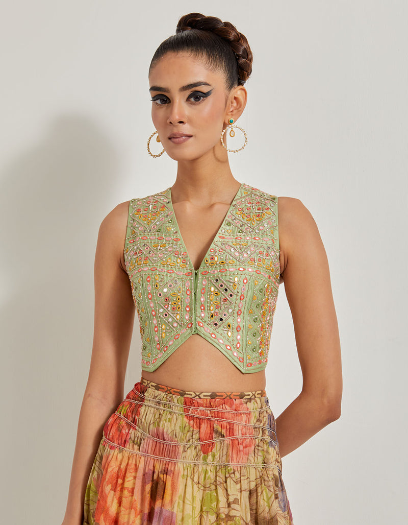 Hand Embellished Waist Coat Paired With Foresta Tissue Chanderi Printed Tb Skirt