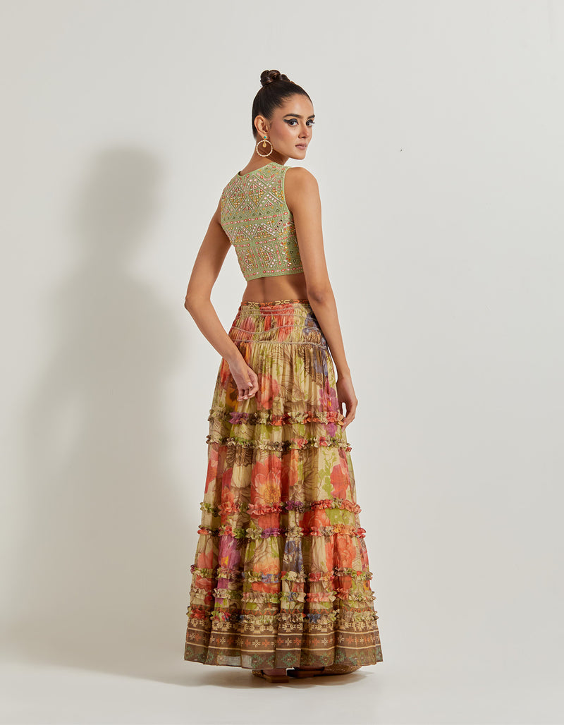 Hand Embellished Waist Coat Paired With Foresta Tissue Chanderi Printed Tb Skirt